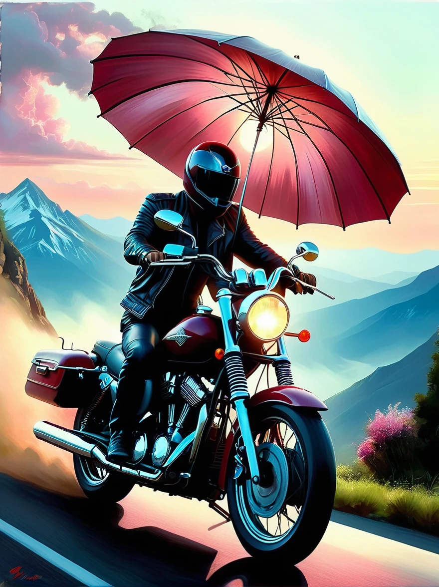 A realistically depicted ethereal entity, confidently astriding a maroon motorcycle, holds an umbrella aloft with an air of effortless composure, precisely similar to a Harley Davidson, cruising along a twisty mountain road. The environment that envelopes the scene is stunning, flourished with lush greenery and rich flora, under vast azure skies streaked with the blush of the setting sun. The aura is poignant, emanating a feeling as though this spectral presence were experiencing its final journey, a symbolic last ride, against the backdrop of the magnificent mountain landscape