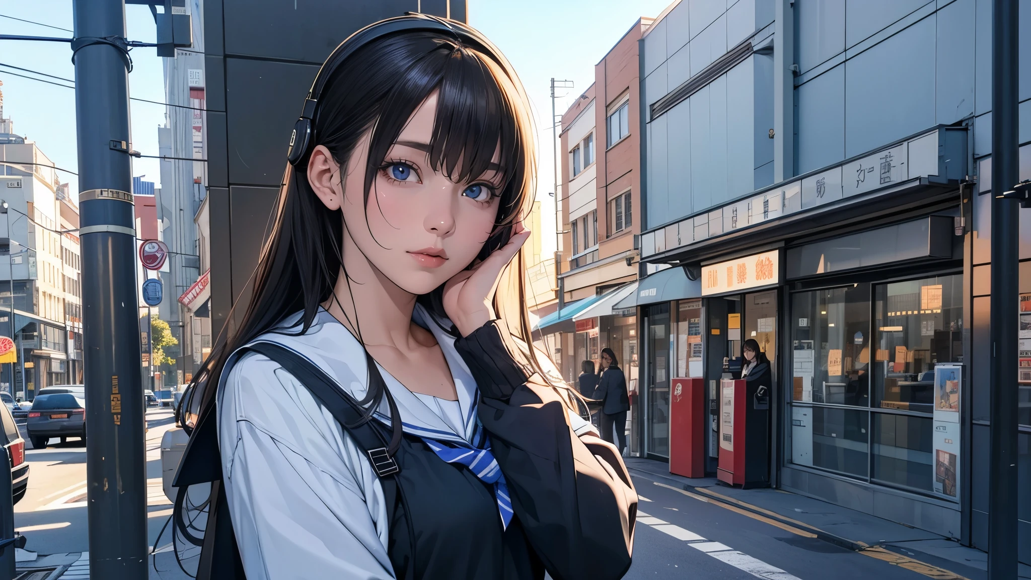 Ultra HD、super high quality、masterpiece、detailed、8K、The location is on a quiet city street、Schoolgirl1Person listening to music on headphones、15-year-old high school girl、そのロシア人で髪の毛は黒色のロング、Has blue eyes、Has a glamorous figure、The clothes she's wearing are one-piece dresses.、Pretty sexy、Lo-Fi images,The background is blurred、Nostalgic and relaxing atmosphere、At dusk、Afternoon sun