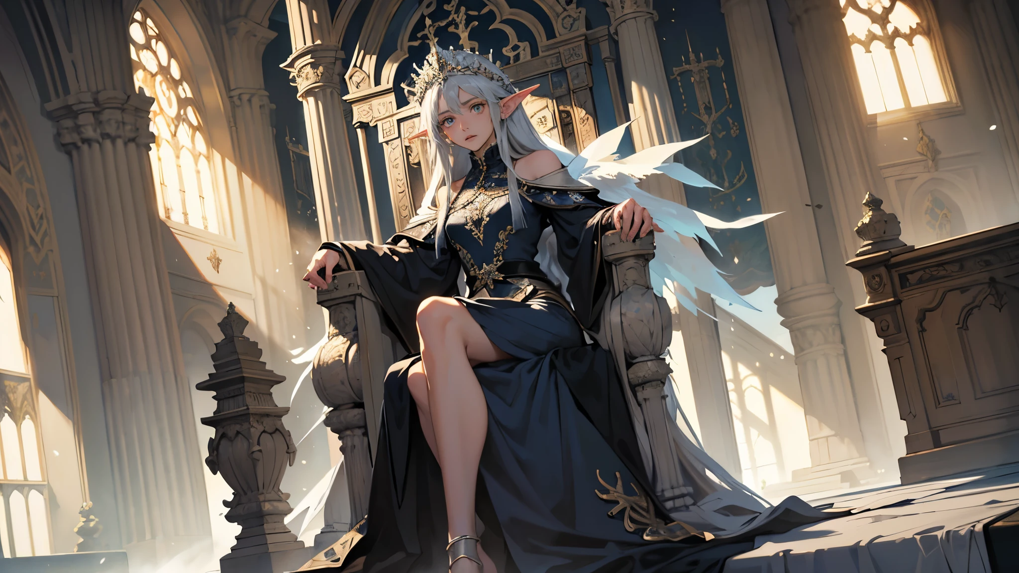 masterpiece, ultra detailed, 8K Portrait, Raw photo, a portrait photo of girl, Highly detailed face, beautiful and meticulous eyes, ((Fantasy)), (elf:1.0), 1woman, 40 year old, gray long hair, brown eyes, (melancholy expression:1.2), tiara, skinny, (ultra thin see-through dark blue silk dress), hooded long white coat Fluttering in the wind, ((bare foots)), Midday Sun, Hyper realistic, out of medieval castle in the sky, sitting on the throne, Ambient lighting, Shadow details , strong breeze, Light fog, (divine:1.5),