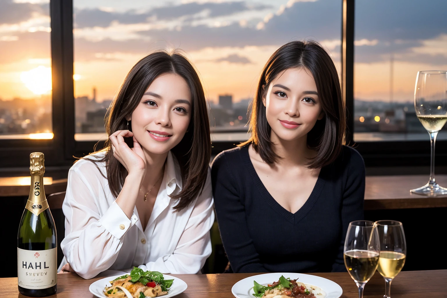 ((Highest quality、8K、masterpiece:1.3))、1 male 1 female、spouse、Beautiful couple、smile、full-course dinner、 (Slim face), (the body is スリム), (Brown Hair), (Shortcuts), ((Bob Hale、Straight hair:1.2)), テーブルの上のwine glass、Put the light on your face、 Amazing view of the sunset sky and clouds、smileの美しさ、Bright image、Blushing, Shortcuts, (Age 35), 39 years old, Appetizers、Italian food、Wine bottle、Champagne、sparkling wine、Long sleeve shirt、dress、Attractive beauty、restaurant, Nova Frog Style, actress, model, Upper Body, White wine, red wine, wine glass,