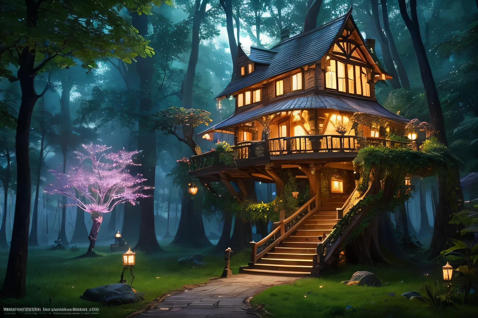 There is a tree house with lots of lights, enchanted magical fantasy forest, Magic Tree, magical fantasy forest, Magic fairy background, Magic fantasy highly detailed, Fantasy Tree, magic fairy forest, Fairey Palace, Detailed fantasy digital art, whimsical fantasy landscape art, Magic Background, Magic Tree, Enchanted and magical forest, So magical and dreamy, Magical Environment