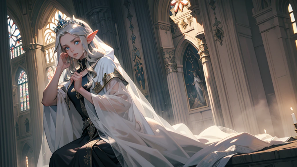 masterpiece, ultra detailed, 8K Portrait, Raw photo, a portrait photo of girl, Highly detailed face, beautiful and meticulous eyes, ((Fantasy)), (elf:1.0), 1woman, 40 year old, gray long hair, brown eyes, (melancholy expression:1.2), tiara, skinny, (ultra thin see-through dark blue silk dress), hooded long white coat Fluttering in the wind, ((bare foots)), Midday Sun, Hyper realistic, out of medieval castle in the sky, sitting on the throne, Ambient lighting, Shadow details , strong breeze, Light fog, (divine:1.5),