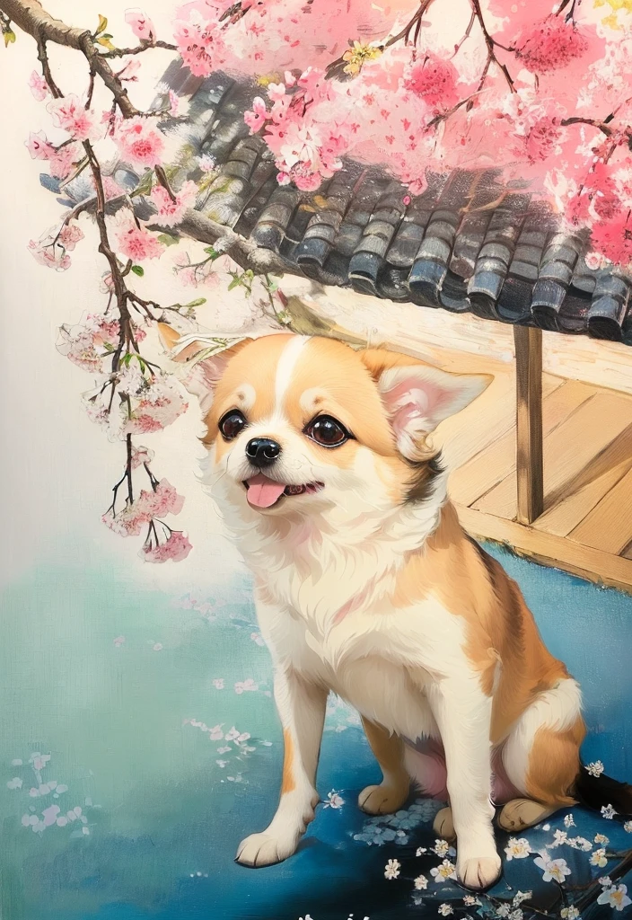there is a small dog sitting on a blanket under a tree, japanese dog, painting of cute dog, detailed portrait, miko, high quality portrait, makoto oil painting, shikamimi, 8k!!, けもの, intermediate art, traditional art, large portrait, miyagawa choshun, by Chizuko Yoshida, detailed portrait shot