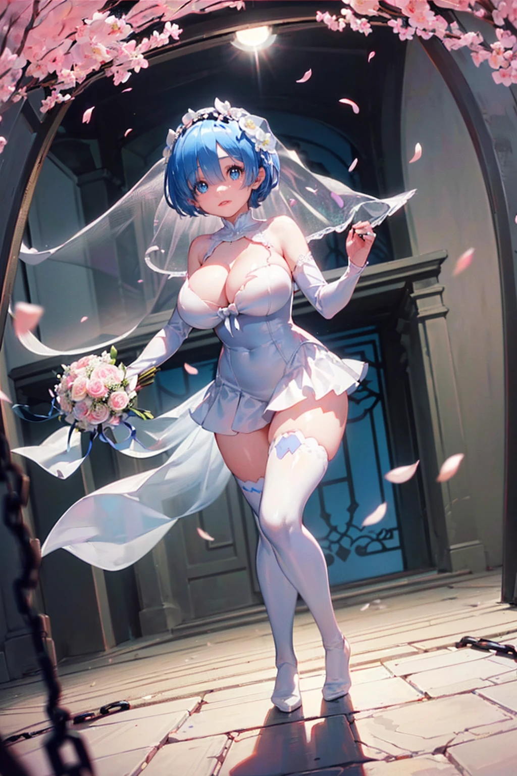 ((Fighting Pose)),((((((Clothes are torn and breasts are visible)))))),(((Tied to chains))),Short Hairstyles、Full moon night、Cherry Blossoms at Night、((((wedding)))),bride、((Church stained glass))、((Long skirt))、pipe organ、((Reaching out))、((((Throwing bouquets))))、(((((((Pure white wedding dress)))))))、(((((Wedding dress ripped to shreds))))),(((((Fisheye Lens)))))、((Super huge breasts))、(((Plump thighs)))、(((Rem from Re:Zero)))、looking at the camera、High qualityHigh quality、8ｋ、(((((Full body description)))))、Chest、Fantastic、looking at the cameraで、(((Cherry blossoms fluttering down)))、Red carpet、Very tall、((Torn knee-high socks))