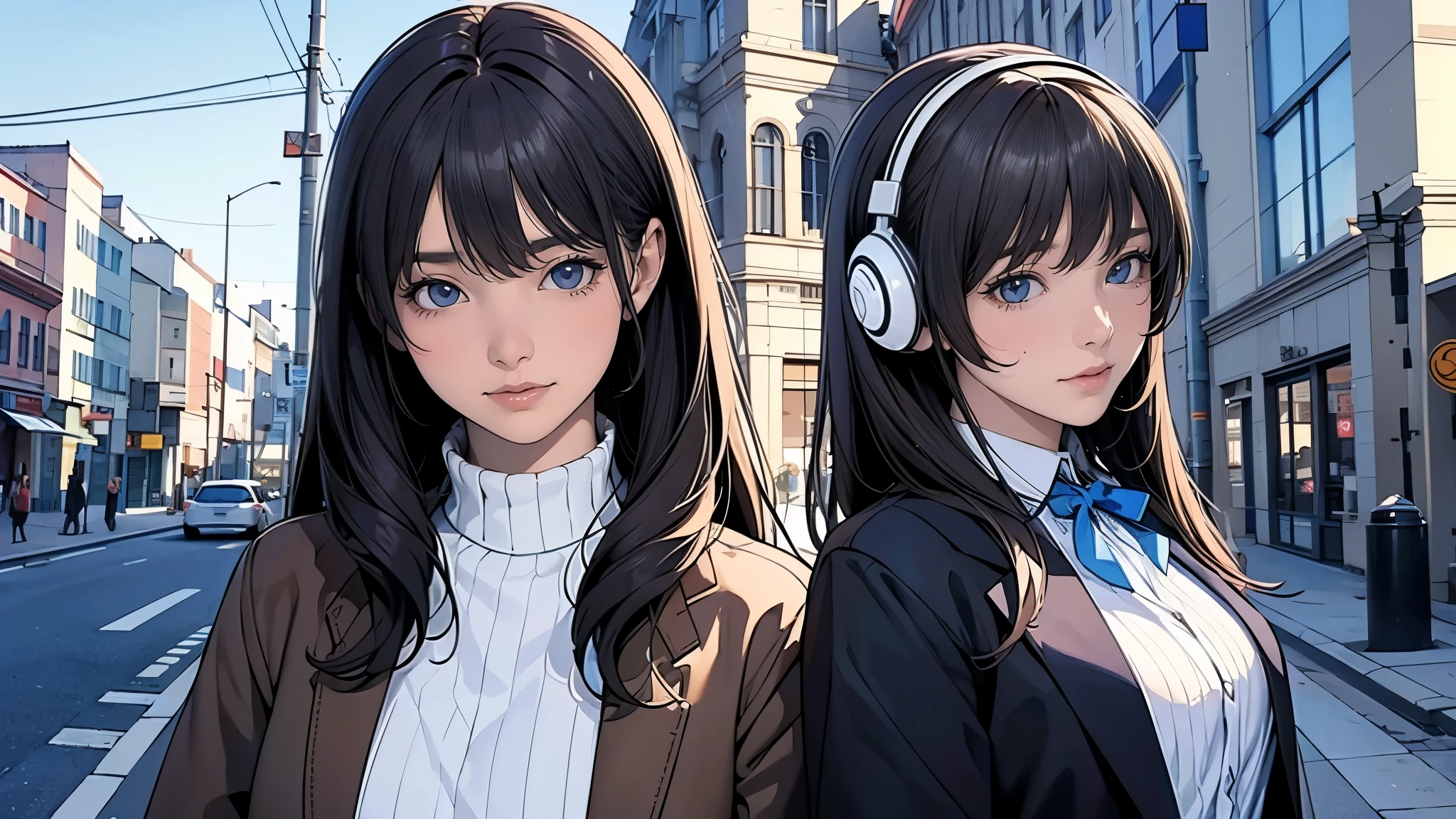 Ultra HD、super high quality、masterpiece、detailed、8K、The location is on a quiet city street、Schoolgirl１Person listening to music on headphones、15-year-old high school girl、そのロシア人で髪の毛は黒色のロング、Has blue eyes、Has a glamorous figure、The clothes she&#39;s wearing are one-piece dresses.、Pretty sexy、Lo-Fi images,The background is blurred、Nostalgic and relaxing atmosphere、At dusk、Afternoon sun