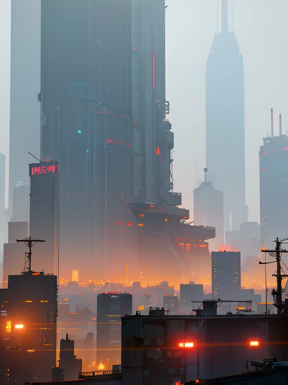 Amber colored polluted sky. A large cyberpunk arcology in the background dominates the city landscape. The city is an industrial polluted future city highlighted by neon lights and large digital signs. Dark, dreary mood. Skyscrapers are dwarfed by the arcology. Drones and rotary vehicles dot the sky. The population is a mix of humans, androids and hybrids.