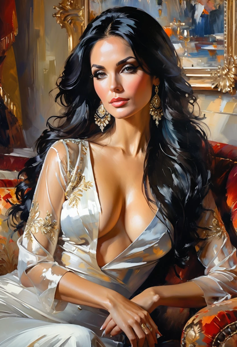 style by Mikhail Garmash, depicting a woman with long black hair, a commanding look, sitting on a sofa, clear cheekbones, a swirling smoky enigma, portrait as a queen, arms crossed on her chest, inspiration from William Burr, oil painting