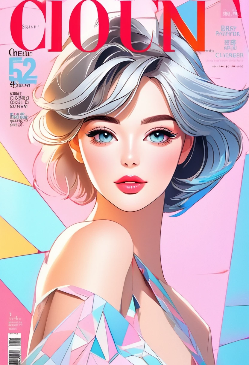 Best image quality, Fashion magazine cover, pastel color theme, Beautiful face and skin, (1 adult female), cleveage, Thin face, short hair, Blown by the wind, Silver Hair, Glossy lip closure))、Shining eyes, Slanted eyes, Model pose, Focus on the whole body,Detailed pattern,Bikini, Necklace, Polygonal background,