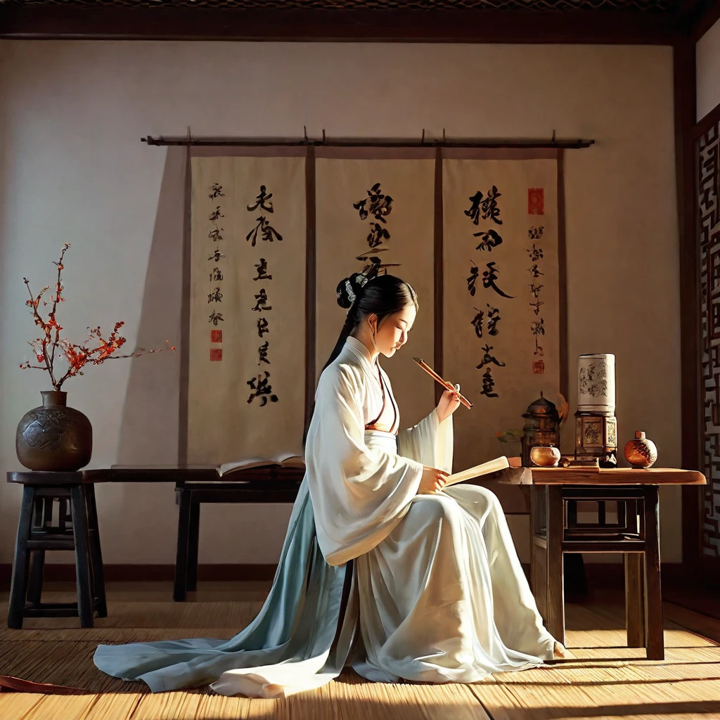 ((Unreal Engine 5)), Realistic rendering, Excellent, (Warm light room), （Chinese poet), (down view), Paint a painting of an ancient poet writing a poem in the room， Hold a brush in hand，Wear white Hanfu，Ancient Chinese literati，inspired by Li Kan, epic full color illustration,  naranbaatar ganbold,  Xianxia，guofeng