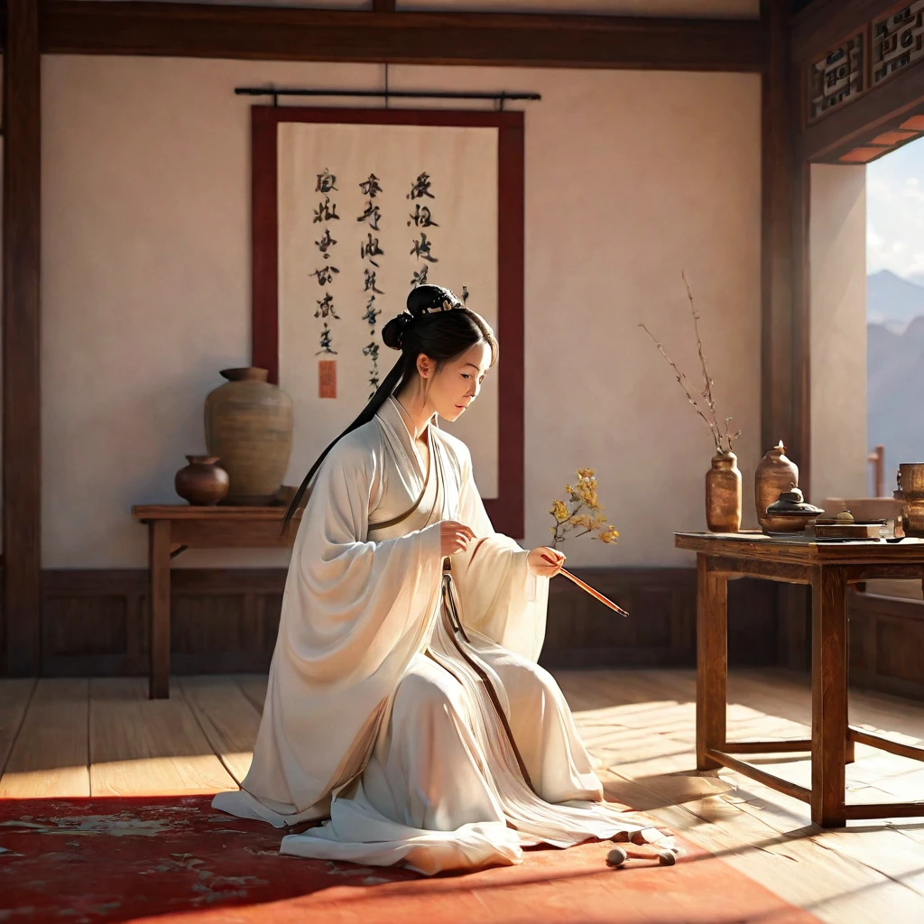 ((Unreal Engine 5)), Realistic rendering, Excellent, (Warm light room), (Chinese poet), (down view), Paint a painting of an ancient poet writing a poem in the room, Hold a brush in hand,Wear white Hanfu,Ancient Chinese literati,inspired by Li Kan, epic full color illustration, naranbaatar ganbold, Xianxia,guofeng