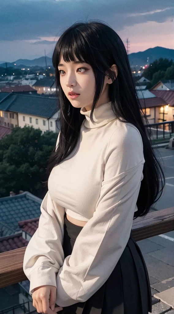 Hoshino Ai, long hair, purple hair, streaked hair ,purple eyes, star-shaped pupils, hair ornament,Candid photos of girls,Volumetriclighting,best shadow,shallowdepthoffield,Portrait of a beautiful girl,Delicate Beautiful Attractive Face,Charming sharp blue eyes,Sharp eyebrows,Enjoying The Scenery,Keep one's mouth shut,Lovely Medium Breast,Layered long black double-sided curls、The wind blows、shairband、Blush Eyeshadow、Thick lashes、Red turtleneck on the cross、longer sleeves、big breasts thin waist、Short black pleated skirt、Thigh notch、black high-socks、Night sky red、Clouds、the roof、city night scene,Rooftop Guardrails、Village view、Back Shadow、Side view leaning on the railing、scapula、(HighestQuali、astonishing detail:1.25)、(solo person:1.3)、Brilliant and colorful paintings