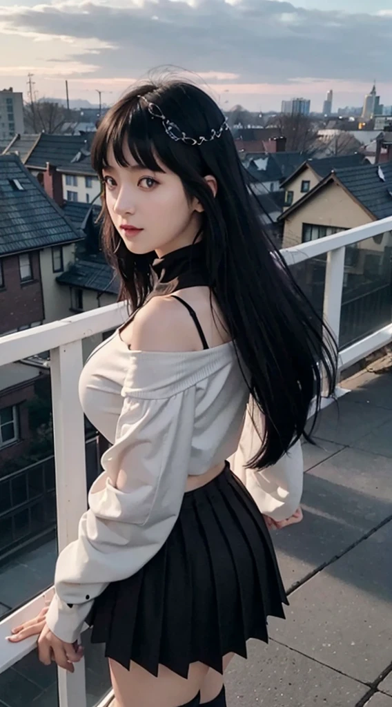 Hoshino Ai, long hair, purple hair, streaked hair ,purple eyes, star-shaped pupils, hair ornament,Candid photos of girls，Volumetriclighting，best shadow，shallowdepthoffield，Portrait of a beautiful girl，Delicate Beautiful Attractive Face，Charming sharp blue eyes，Sharp eyebrows，Enjoying The Scenery，Keep one's mouth shut，Lovely Medium Breast，Layered long black double-sided curls、The wind blows、shairband、Blush Eyeshadow、Thick lashes、Red turtleneck on the cross、longer sleeves、big breasts thin waist、Short black pleated skirt、Thigh notch、black high-socks、Night sky red、Clouds、the roof、city night scene，Rooftop Guardrails、Village view、Back Shadow、Side view leaning on the railing、scapula、（HighestQuali、astonishing detail：1.25）、（solo person：1.3）、Brilliant and colorful paintings