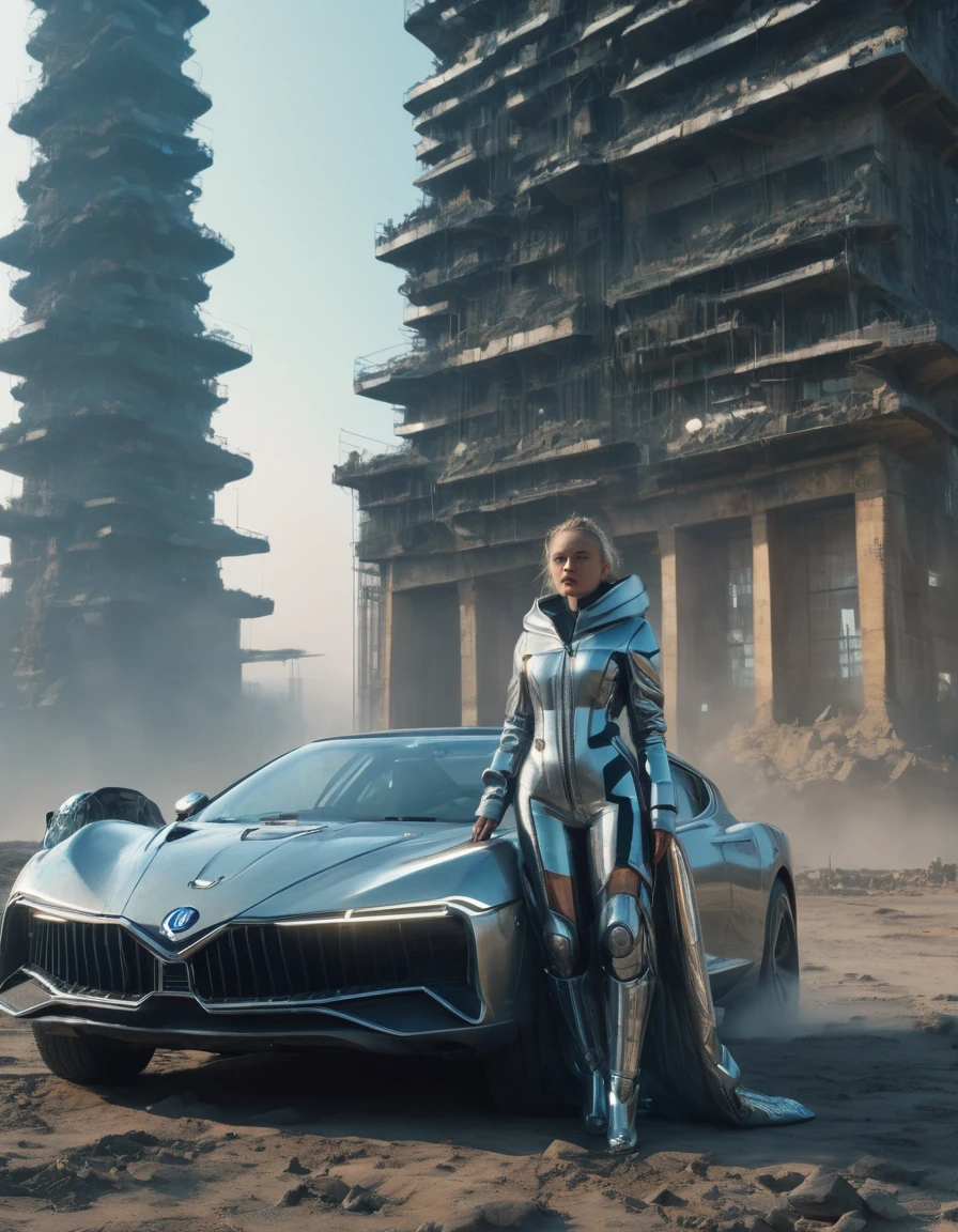 an old car in tarkovsky greatest scene, Destroy the majestic Tower of Babylon, Woman in futuristic cyber costume, Transparent down jacket, Surrealism, Blockchain, Internet, Ambient Lighting, Concept Art, complex, Ultra Detailed, tarkovsky greatest scene, Smooth, Dynamic volumetric lighting, octane, Ray Tracing, Movie, high quality, high resolution, 4K, CG Society
