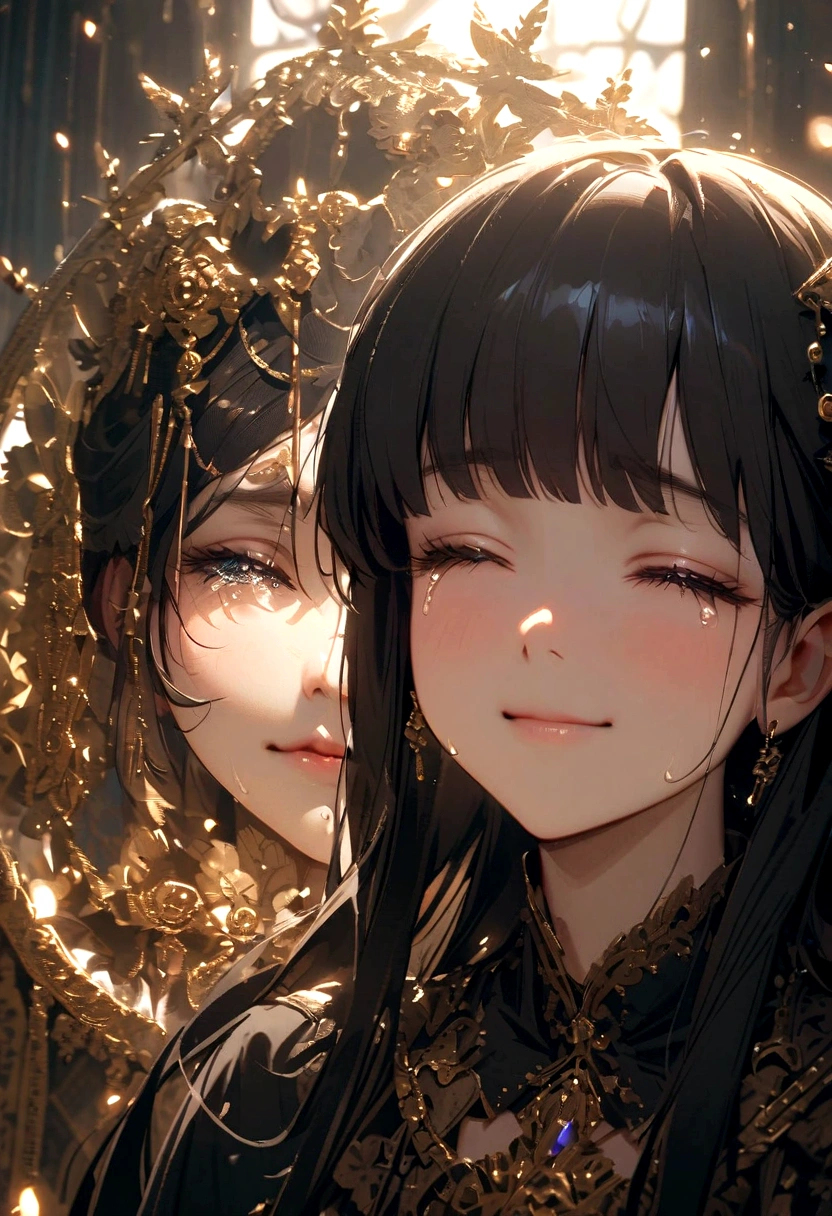 A beautiful black haired girl crying her eyes closed (pointed upwards), smiling sadly,has long eyelashes,has bangs wears a girls  