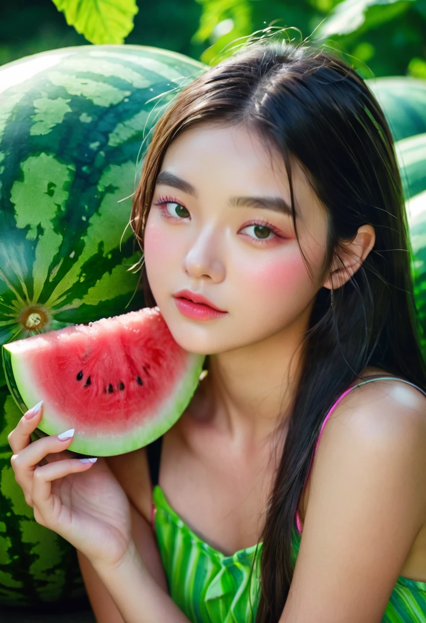 Summer Watermelon Girl，Dopamine teenage， Cool summer days，Chilled watermelon，Ice cubes，The watery girl，Delicate skin，Hydration，Shiny，Shiny，dream，Front view，bust，pearl