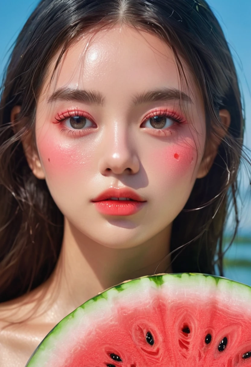 Summer Watermelon Girl,Dopamine teenage, Cool summer days,Chilled watermelon,Ice cubes,The watery girl,Delicate skin,Hydration,Shiny,Shiny,dream
