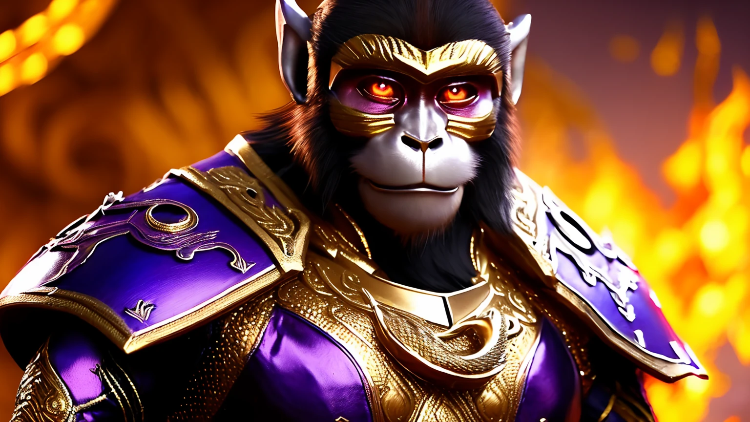 4k Resolution,Wukong, (Monkey King),Hero,(High Detailed face(Purple Face,slim lips ,realistic),(High Detailed eyes(Golden eyeshadow,),Golden Monkey Long Hairs,)He wears Military Royal Metal Full Monkey King Suits, Journey to the West,UHD Ultra details,Magic Power,(Fire Dragon HD background,(Chinese Dragon, Realistic Yellow Skin like Demon Snake,High Detailed eye,High Detailed body made with iron metal,)