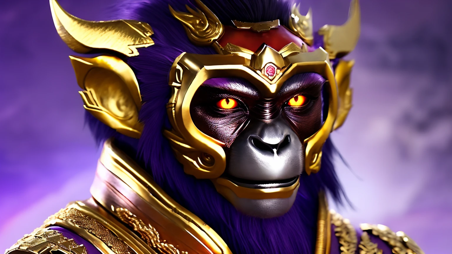 4k Resolution,Wukong, (Monkey King),Hero,(High Detailed face(Purple Face,slim lips ,realistic),(High Detailed eyes(Golden eyeshadow,),Golden Monkey Long Hairs,)He wears Military Royal Metal Full Monkey King Suits, Journey to the West,UHD Ultra details,Magic Power,(Fire Dragon HD background,(Chinese Dragon, Realistic Yellow Skin like Demon Snake,High Detailed eye,High Detailed body made with iron metal,)