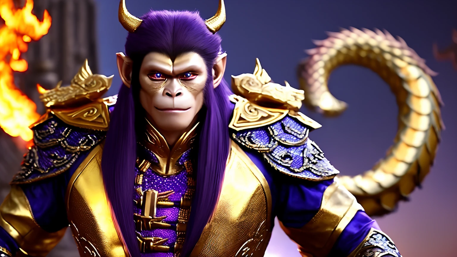 4k Resolution,Wukong, (Monkey King),Hero,(High Detailed face(Purple Face,slim lips ,realistic),(High Detailed eyes(Golden eyeshadow,),Golden Monkey Long Hairs,)He wears Military Royal Metal Full Monkey King Suits, Journey to the West,UHD Ultra details,Magic Power,(Fire Dragon HD background,(Chinese Dragon, Realistic Yellow Skin like Demon Snake,High Detailed eye,High Detailed body made with iron metal,)