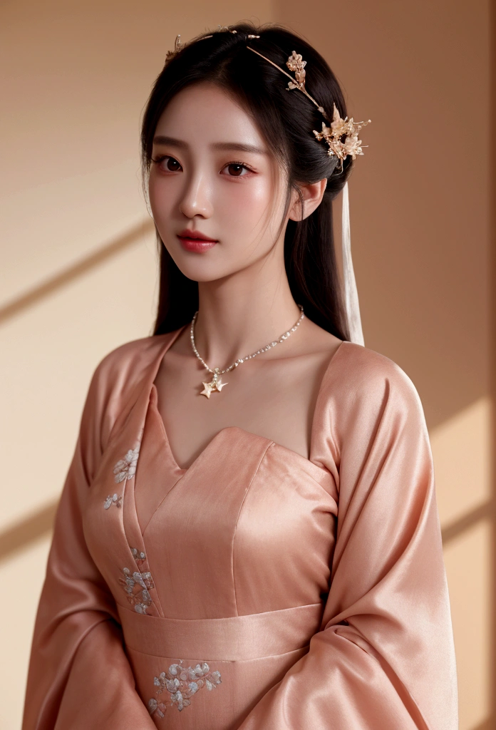 Superb Quality, Masterpiece, High Resolution, 1Girl, Blush, (Seductive Smile: 0.8), Star Pupil, Chinese Hanfu, Hair Accessories, Necklace, Jewelry, Beauty, on_body, Tyndall Effect, Realistic, Shadow Room, Light Edge, Two-tone Lighting, (High Detail Skin: 1.2), 8K UHD, SLR, Soft Light, High Quality, Volume Lighting, Candid Photo, High Resolution, 4K, 8K, Background Blur, Real Person