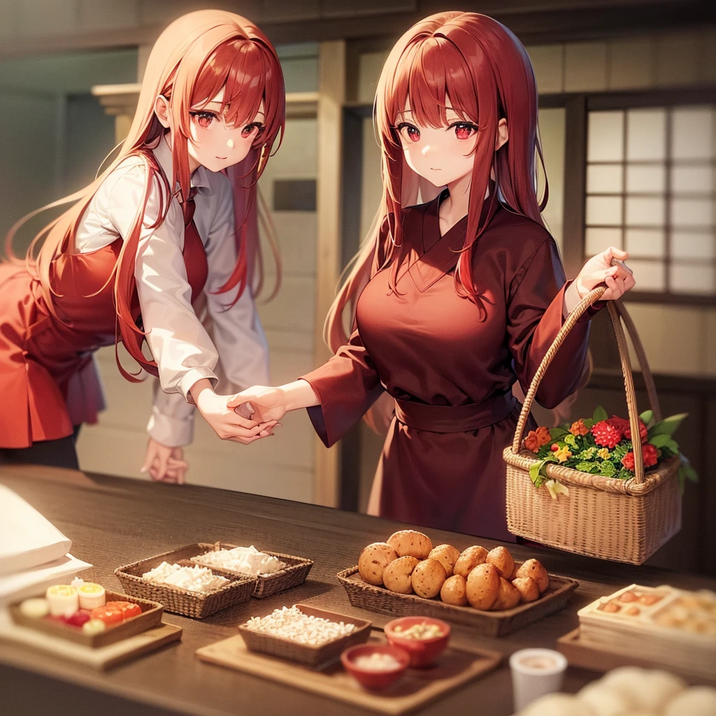 food, basket, Calm expression, Perfect hands, elder, Red Hair, The dignity of a 50-year-old, 落ち着きのあるwoman, solo、(Highly detailed background:1.0)、(Highly detailed background:1.0)、masterpiece、Highest quality、(Babes)、Fractal Art、Red eyes、Narrow eyes、Black and red dancer's outfit, dance, Reddish cheeks、From the shoulders up、Recall、smile、One Woman、Three-dimensional clouds、Red long ponytail, Red eyes,スタイリッシュなアクセサリーsolo, Big Breasts, woman, Take-out, Provocative laughter,40 year old woman,Queen of Sadism, Highly detailed background, Great writing style, ポールdance, Diffuse reflection of light, Perfect Human Medicine, Bare Skin, barefoot, Sweat,