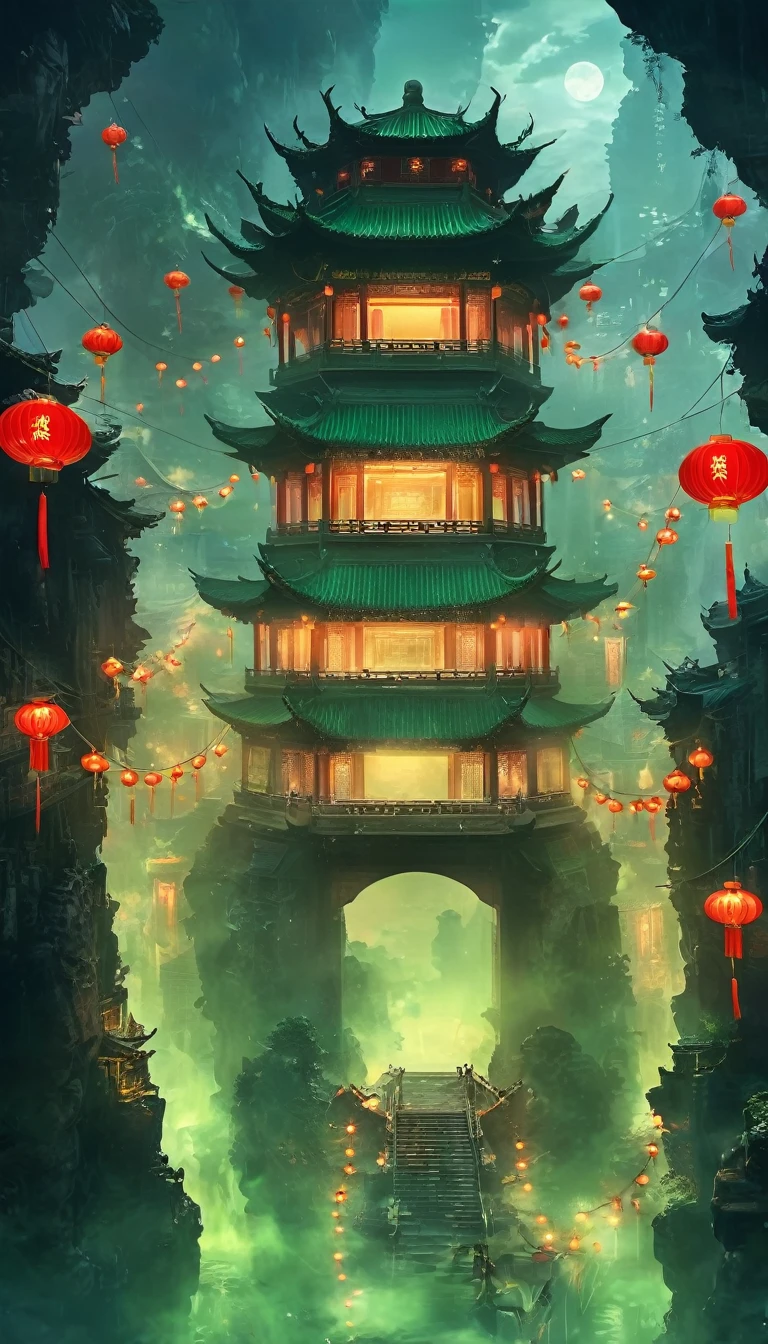 Unforgettable Chinese Ghost Stories, Weird Chinese architecture, Qixi Festival, Green Ghost Soup, Munpo Bridge, Noodle Soup, Escort Ghost, Chain, Dark gloomy lights, Movie, fear, atmosphere, Surreal, mystery, detailed