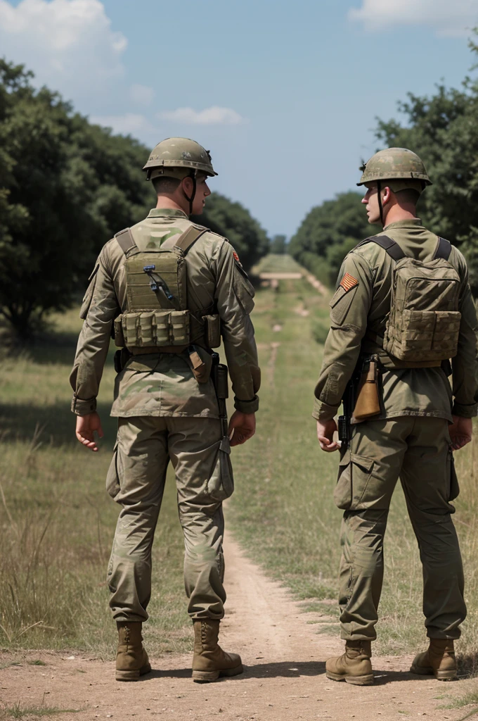 War scene where two soldiers are standing with their backs shown (1920 x 1080 ) image size