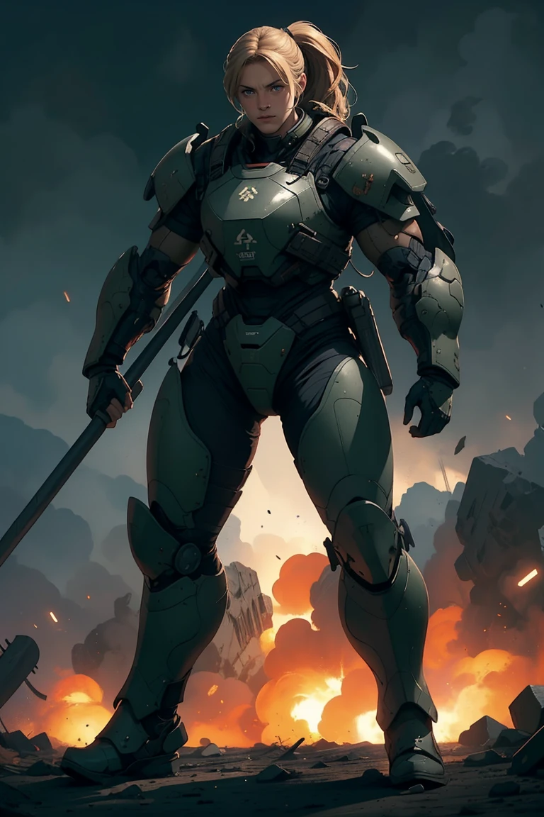 1 female, blonde ponytail, psychopath smile, wearing hi tech battle armor, heavy hi tech backpack,holding massive battle axe and pose, fullbody shot, at the battle place, explosion, cinematic lighting, realistic, photorealistic, film grain, dynamic action pose, dramatic, gritty, dark, moody, volumetric lighting, cinematic angles