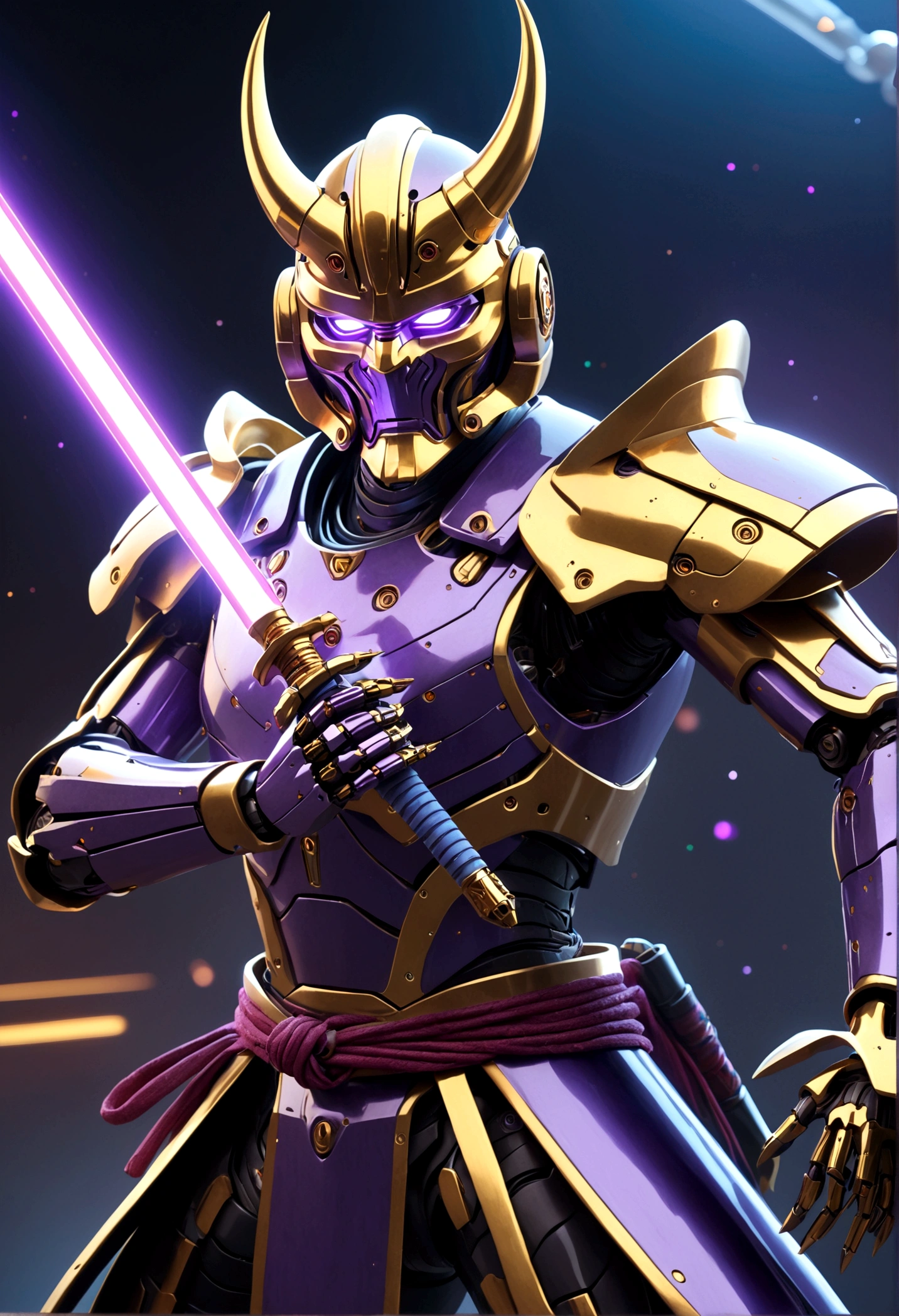 a robotic samurai, insectile body plates, demon mask, obvious robotic joints, neon highlights, gold and purple color scheme, Honda logo, striking a combat pose, wielding a laser sword, car trade show, best quality, 4k, 8k, highres, masterpiece:1.2, ultra-detailed, realistic, photorealistic, photo-realistic:1.37, HDR, UHD, studio lighting, ultra-fine painting, sharp focus, physically-based rendering, extreme detail description, professional, vivid colors, bokeh, science fiction, concept art (only one laser sword)
