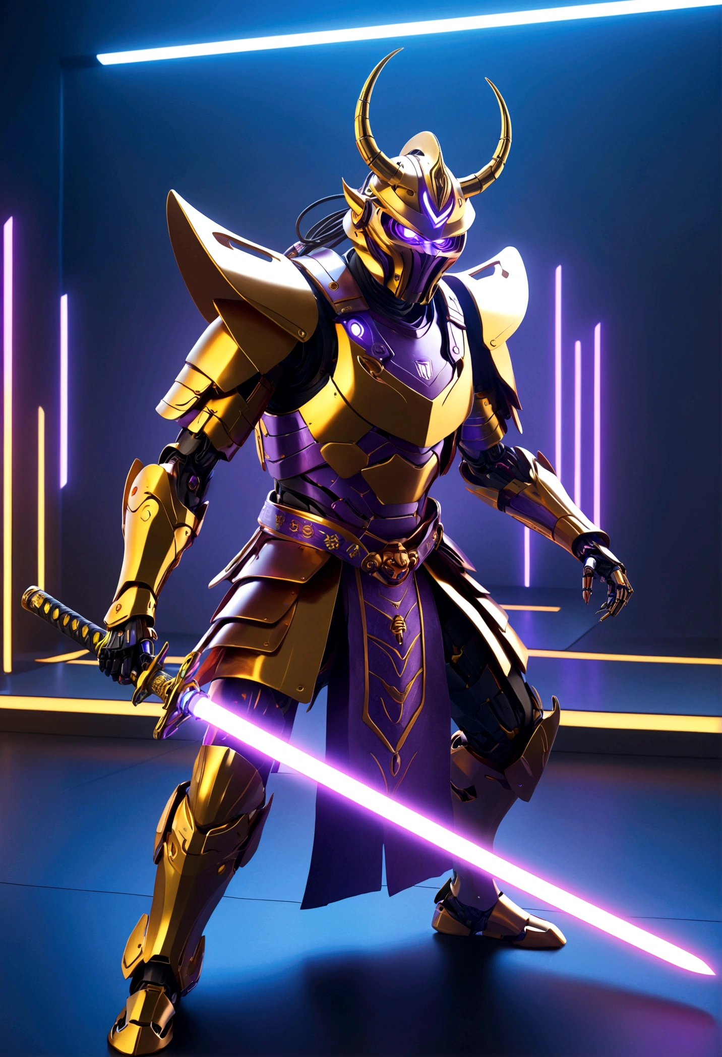 a robotic samurai, insectile body plates, demon mask, obvious robotic joints, neon highlights, gold and purple color scheme, Honda logo, striking a combat pose, wielding a laser sword, car trade show, best quality, 4k, 8k, highres, masterpiece:1.2, ultra-detailed, realistic, photorealistic, photo-realistic:1.37, HDR, UHD, studio lighting, ultra-fine painting, sharp focus, physically-based rendering, extreme detail description, professional, vivid colors, bokeh, science fiction, concept art (only one laser sword)
