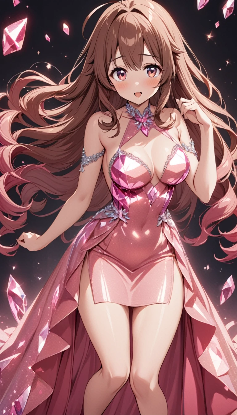 1girl,brown hair,medium_long hair,ahoge,pinkred eyes,tareme,medium breasts,morganite crystalline dress