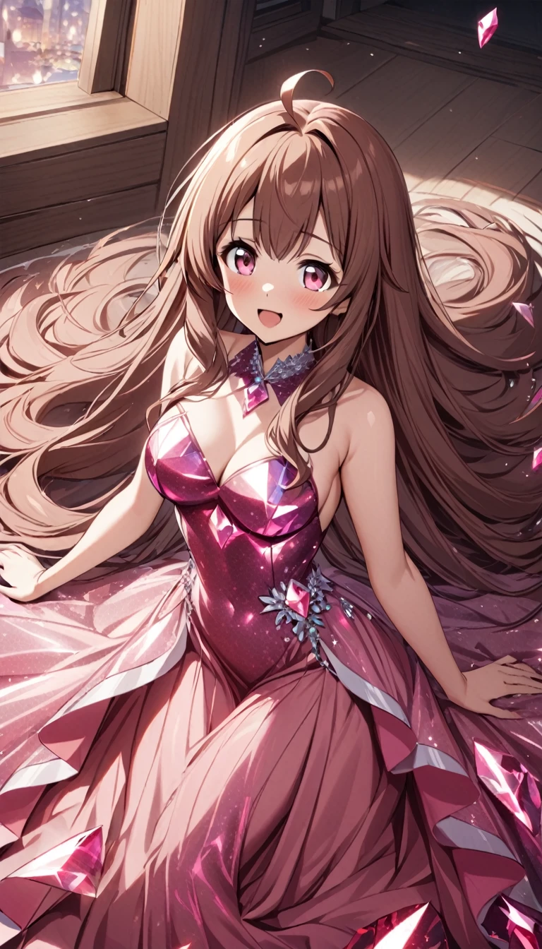 1girl,brown hair,medium_long hair,ahoge,pinkred eyes,tareme,medium breasts,morganite crystalline dress