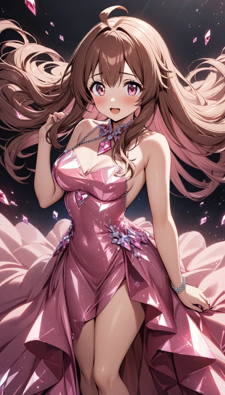 1girl,brown hair,medium_long hair,ahoge,pinkred eyes,tareme,medium breasts,morganite crystalline dress