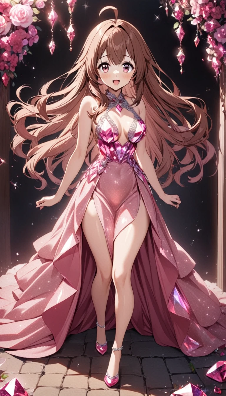 1girl,brown hair,medium_long hair,ahoge,pinkred eyes,tareme,medium breasts,morganite crystalline dress