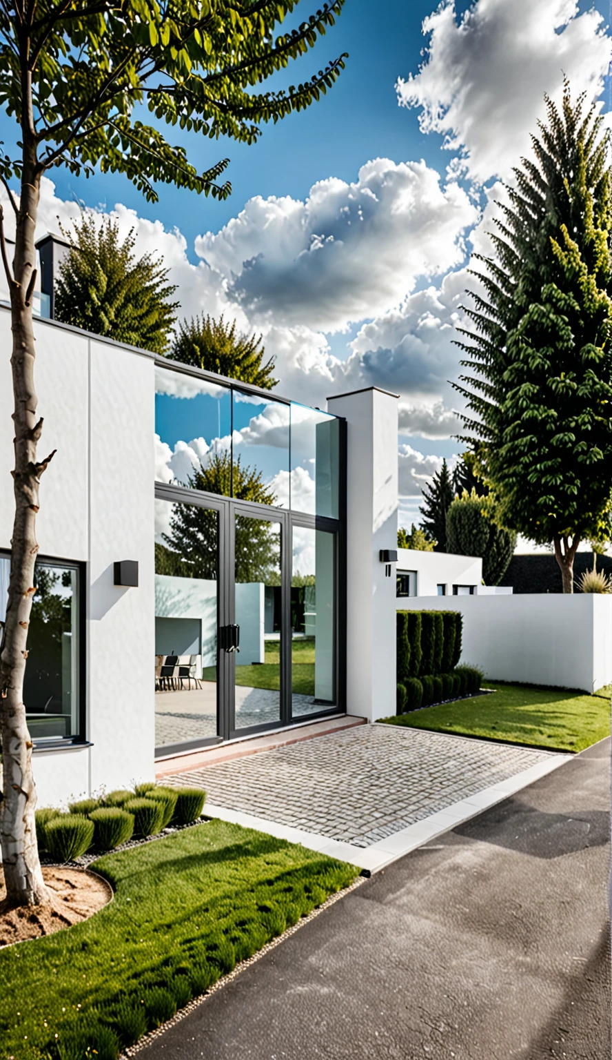 Raw photo,Masterpiece, high quality, best quality, authentic, super detail,
outdoors, house style modern,bietthuhn, white wall, glass windows, gate
road,pavement, grass, trees, sky, cloud, (day:1.1),