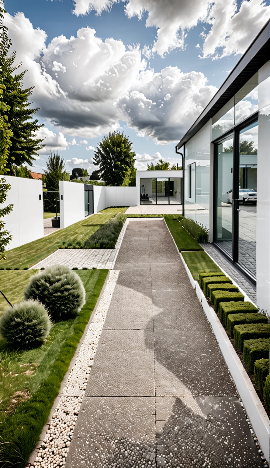 Raw photo,Masterpiece, high quality, best quality, authentic, super detail,
outdoors, house style modern,bietthuhn, white wall, glass windows, gate
road,pavement, grass, trees, sky, cloud, (day:1.1),