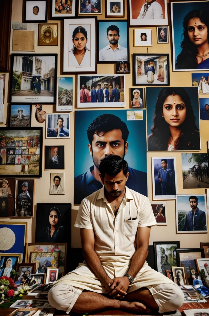 Rahul Mourning: A poignant image of Rahul sitting alone in his room, surrounded by photographs and mementos of Nandini, reflecting his grief and the depth of his loss.