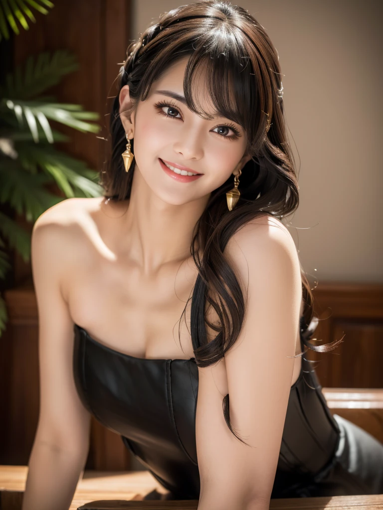 beautiful woman, narrow waist, perfect figure, beautiful eyes, long eyelashes, lustrous lips, perfect body, beautiful skin, (best quality,4K,8K,highres,masterpiece:1.2),ultra-detailed,(realistic,photorealistic,photo-realistic:1.37), cinematic scene, beautiful smile, fashion model, long chestnut hair, attractive clothing, beautiful ornaments、nice black dress、A kind smile、Engage your audience、Full moon night sky