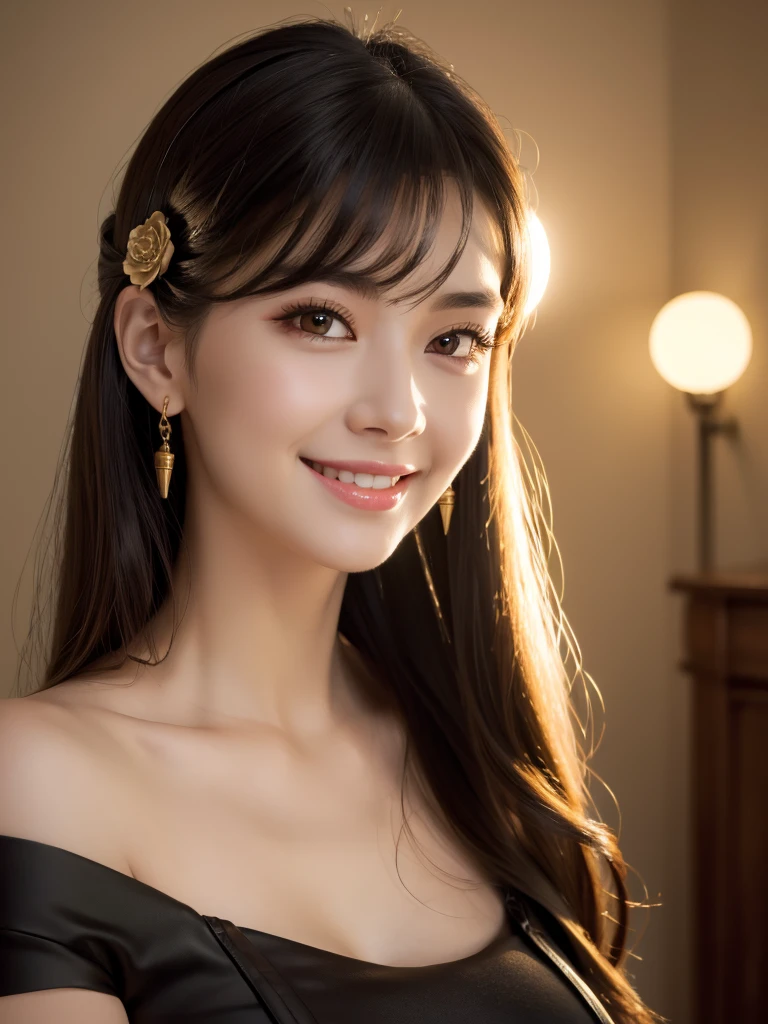 beautiful woman, narrow waist, perfect figure, beautiful eyes, long eyelashes, lustrous lips, perfect body, beautiful skin, (best quality,4K,8K,highres,masterpiece:1.2),ultra-detailed,(realistic,photorealistic,photo-realistic:1.37), cinematic scene, beautiful smile, fashion model, long chestnut hair, attractive clothing, beautiful ornaments、nice black dress、A kind smile、Engage your audience、Full moon night sky