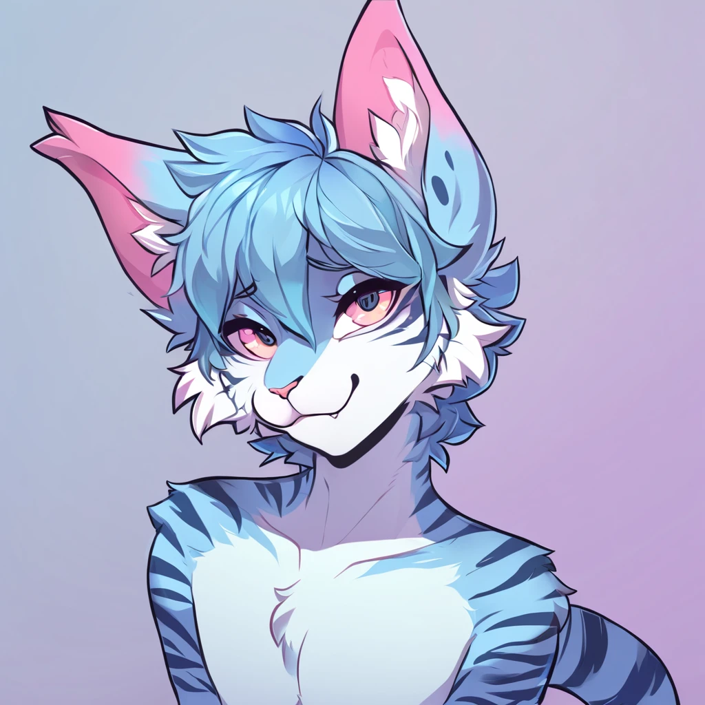 adult, feline, mammal, anthro, anthropomorphic, cat, striped, fur, furred_anthro, femboy, male, light_blue, pink_ears, ear_tufts, purple, paws, hair_tuft, hair_between_eyes, long_tail, fluffy, expressive_eyes, light_blue_hair, light looking_at_viewer, blue_fur, shy, small_pupils, spotted_pattern, stripes, tiger_stripes, digital_art, high_resolution, high_res, background shy, head_visible, neck_visible, profile_picture, seductive_face