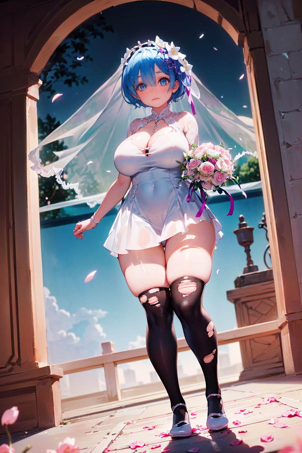 (((((Clothes are torn and are visible))))),(((Tied to chains))),Short Hairstyles、Full moon night、Cherry Blossoms at Night、((((wedding)))),bride、((Church stained glass))、((Long skirt))、pipe organ、((Reaching out))、((((Throwing bouquets))))、(((((((純白のWedding dress ripped to shreds)))))))、(((((Wedding dress ripped to shreds))))),(((((Fisheye Lens)))))、((Super huge breastslump thighs)))、(((Rem from Re:Zero)))、looking at the camera、High qualityHigh quality、8k、(((((Full body description)))))、Chest、Fantastic、looking at the cameraで、(((Cherry blossoms fluttering down)))、Red carpet、Very tall、((Torn knee-high socks))