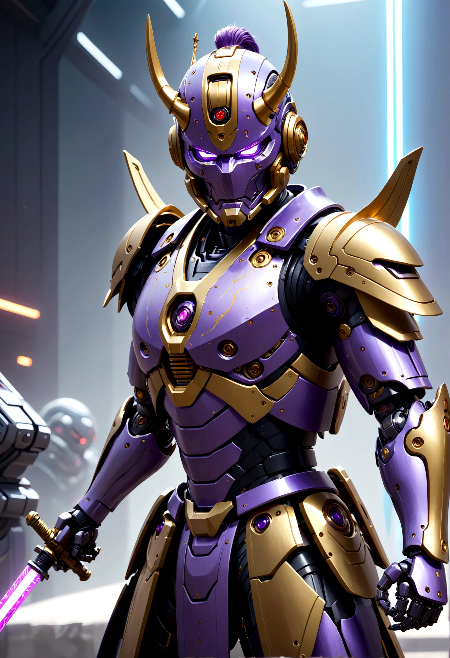 a robotic samurai, insectile body plates, demon mask, obvious robotic joints, neon highlights, gold and purple color scheme, Honda logo, striking a combat pose, wielding a laser sword, car trade show, best quality, 4k, 8k, highres, masterpiece:1.2, ultra-detailed, realistic, photorealistic, photo-realistic:1.37, HDR, UHD, studio lighting, ultra-fine painting, sharp focus, physically-based rendering, extreme detail description, professional, vivid colors, bokeh, science fiction, concept art (only one laser sword)
