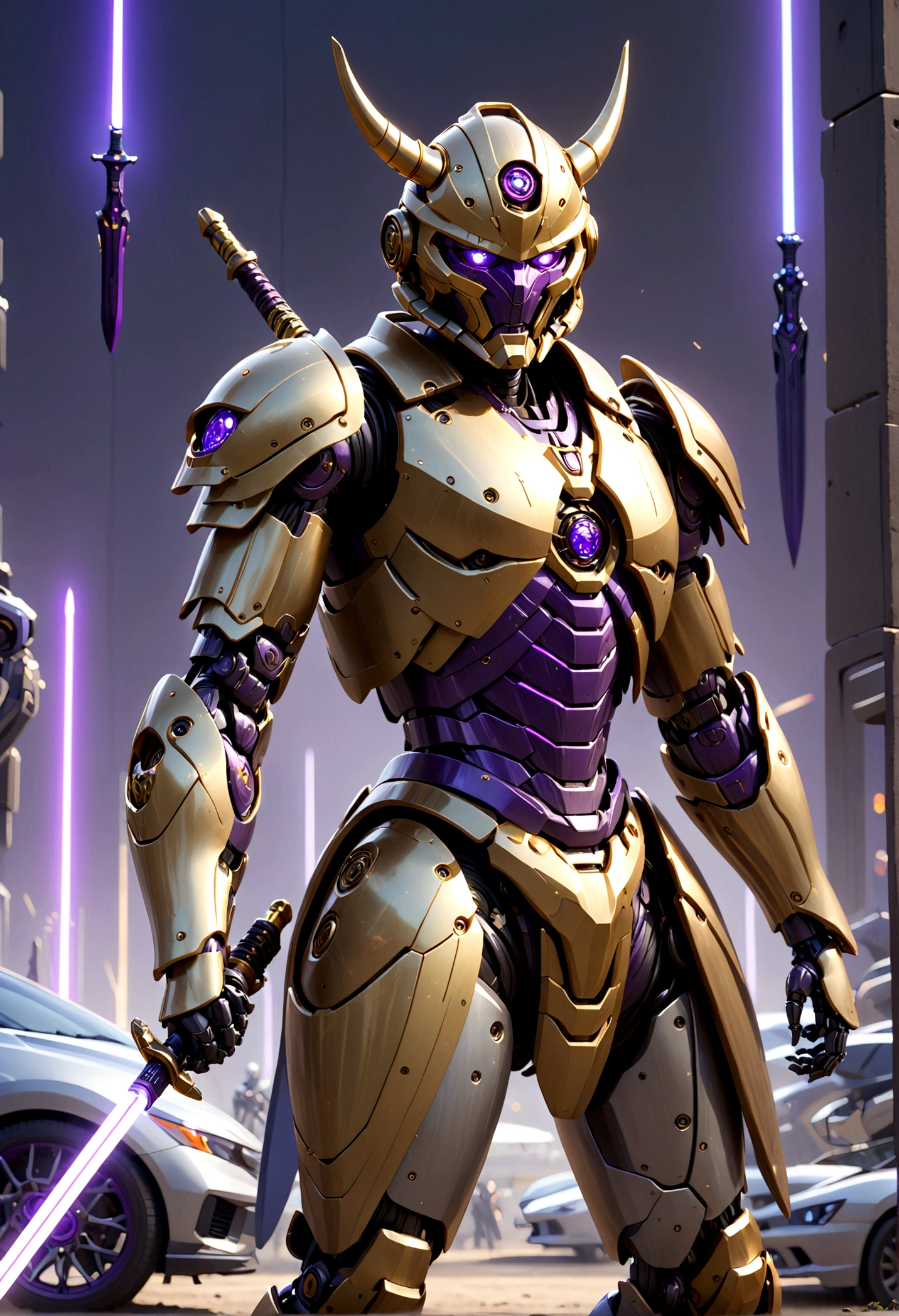a robotic samurai, insectile body plates, demon mask, obvious robotic joints, neon highlights, gold and purple color scheme, Honda logo, striking a combat pose, wielding a laser sword, car trade show, best quality, 4k, 8k, highres, masterpiece:1.2, ultra-detailed, realistic, photorealistic, photo-realistic:1.37, HDR, UHD, studio lighting, ultra-fine painting, sharp focus, physically-based rendering, extreme detail description, professional, vivid colors, bokeh, science fiction, concept art (only one laser sword)
