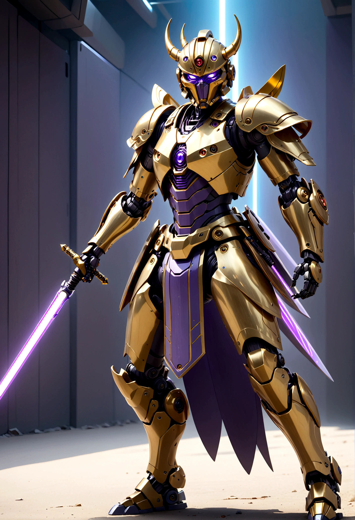 a robotic samurai, insectile body plates, demon mask, obvious robotic joints, neon highlights, gold and purple color scheme, Honda logo, striking a combat pose, wielding a laser sword, car trade show, best quality, 4k, 8k, highres, masterpiece:1.2, ultra-detailed, realistic, photorealistic, photo-realistic:1.37, HDR, UHD, studio lighting, ultra-fine painting, sharp focus, physically-based rendering, extreme detail description, professional, vivid colors, bokeh, science fiction, concept art (only one laser sword)