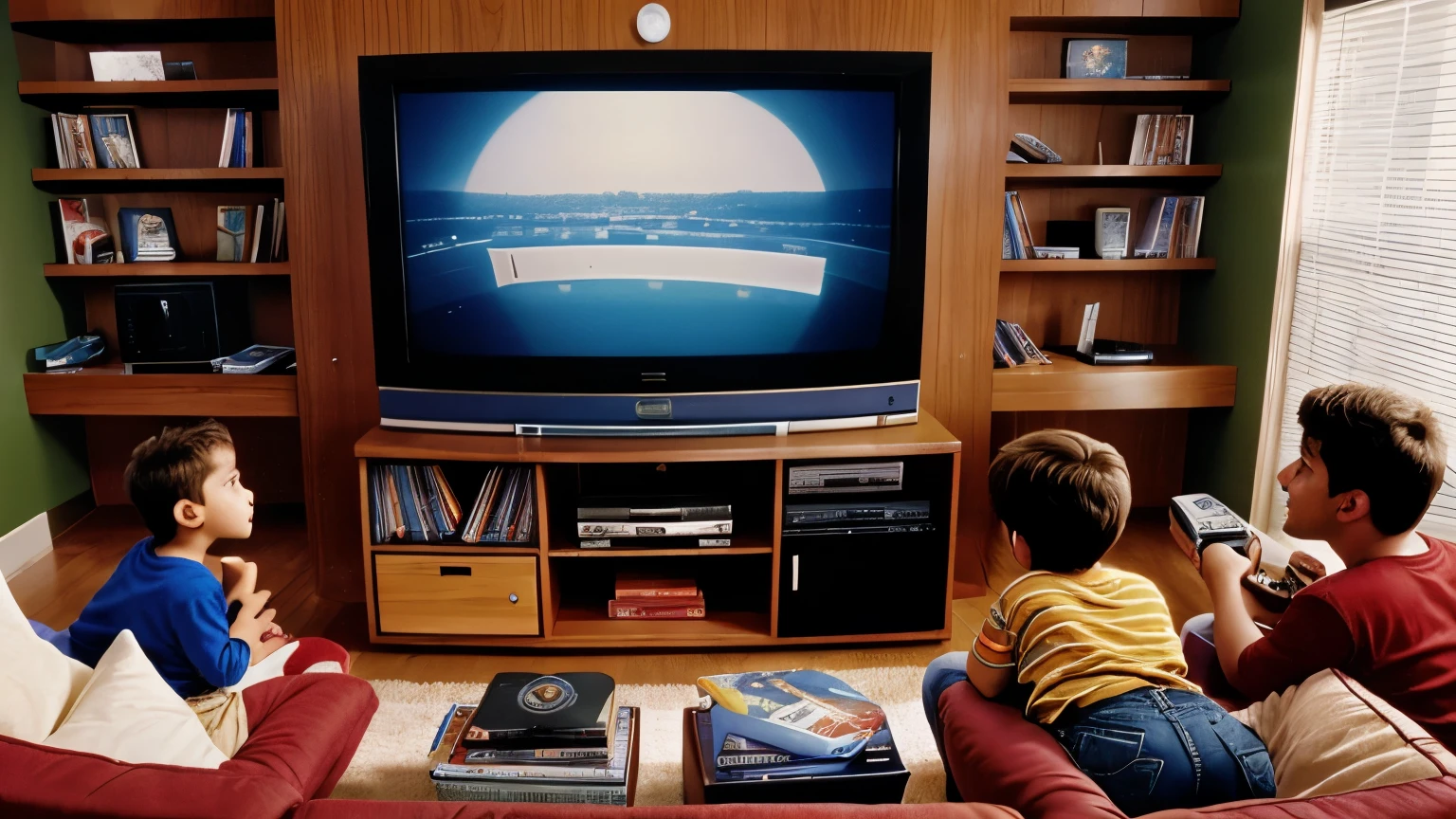 CD Players: A late 90s-early 2000s scene with a CD player connected to a TV, stacks of CDs, and a family enjoying a movie together. Show a colorful TV and the advent of satellite dishes.