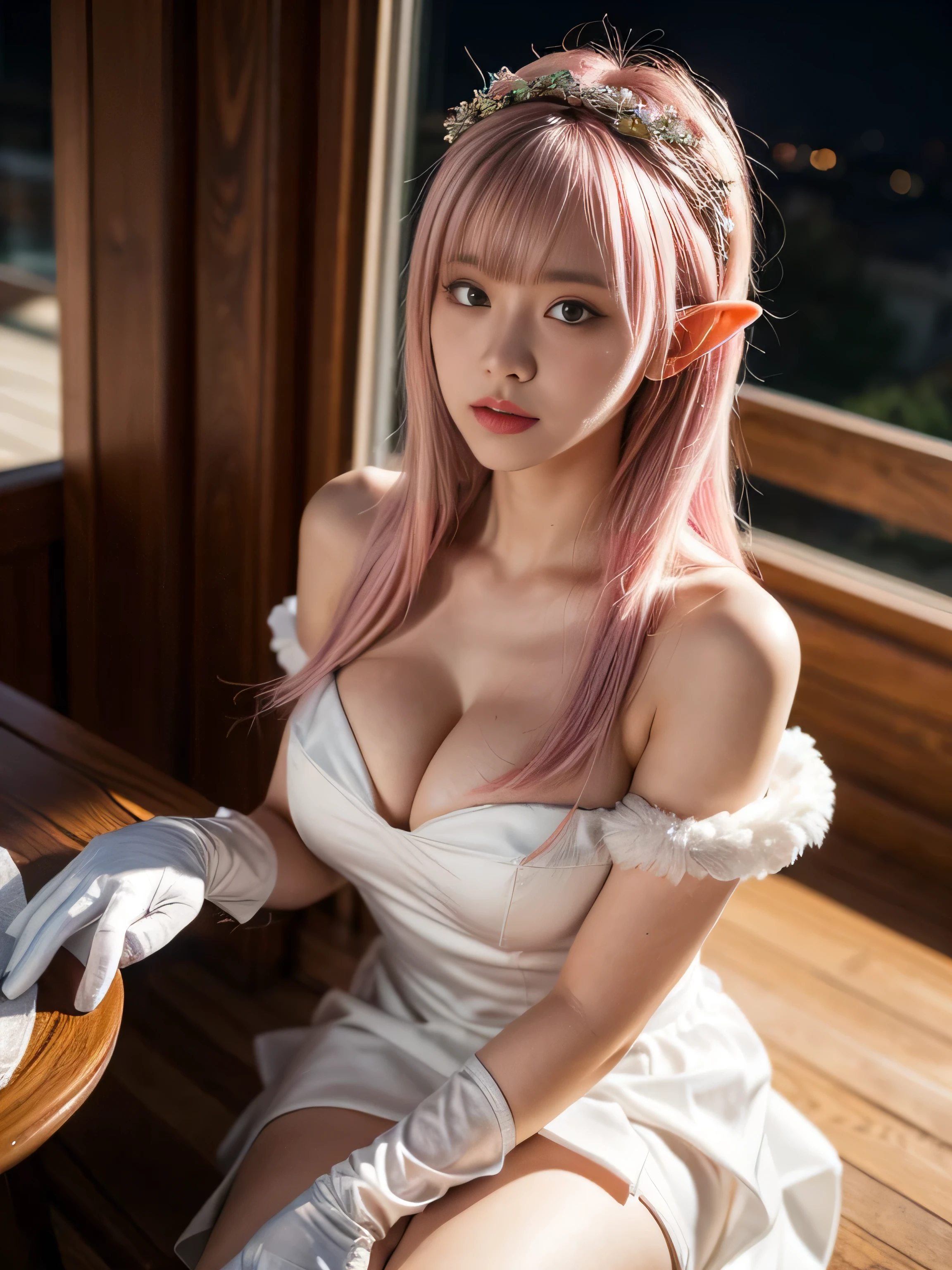 19 year ,elysia cosplay,Pink Hair,Long hair,skirt,white skirt,Bare shoulders,elysia \(Collapse Impact\),Gloves,white Gloves,Bangs,Censorship is prohibited,Hair accessories,Under scrutiny,Elf,Pink Eyes,, 1 Girl, , (masterpiece,best quality:1.2),absurd,big round breasts,Highlight cleavage,(naked inside:1.3),Show your thighs,(Realism:1.2)、(Surreal:1.3)、(Very detailed:1.1) ,( (masterpiece)),,(Hand details:1.4),(at night:1.3),Depth of Field,from above。