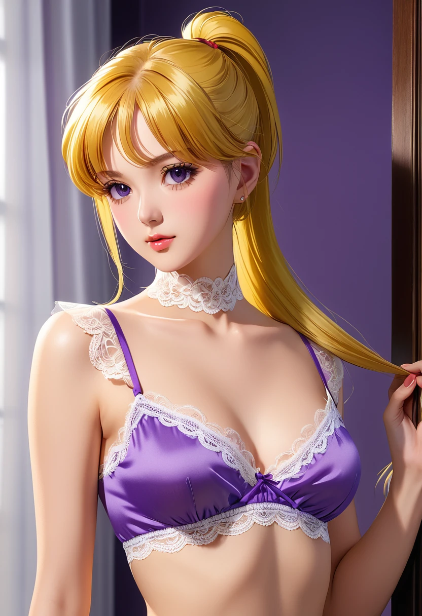 Woman, blonde hair, ponytail, long hair, sensual neckline, transparent silk blouse, medium breasts, pointed breasts, marked nipples on clothing, female focus, (Masterpiece:1.0), (8k wallpaper: 1.0), (detailed beautiful face: 1.0), v panties, lace panties, violet panties,