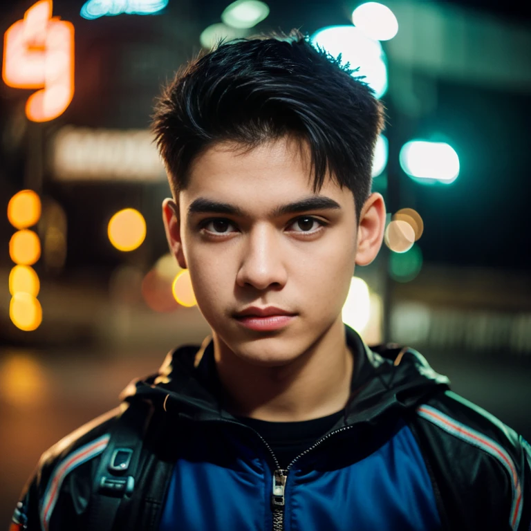 Aarav man, 25 years old, short black haircut, standing in the middle of the road., Hero Moves, standing next to car, Nissan 350z middle shot, The promotion is still on., The promotion is still on., Zach Retz, Shot with canon eos r5, Shot with canon eos r5, moody movie lighting, Rafael Pernaz, Photo Editor, Alexander Rostov, Still from Riverdale, Portrait 8 k, cyberpunk noir, ultra realistic, neon, photography model, raw image, dsrl, neon signs, purple, light blue, red