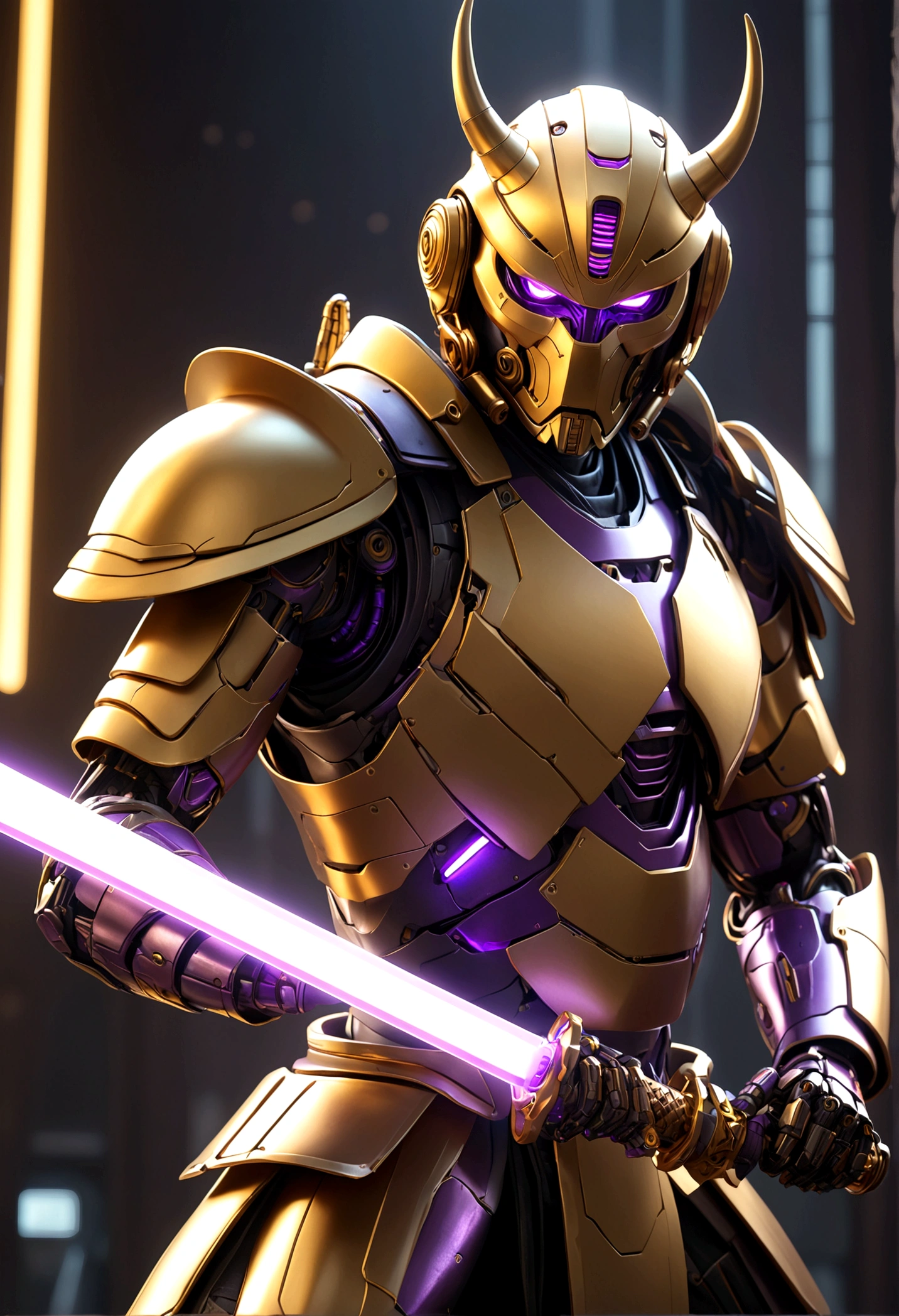a robotic samurai, insectile body plates, demon mask, obvious robotic joints, neon highlights, gold and purple color scheme, Honda logo, striking a combat pose, wielding a laser sword, car trade show, best quality, 4k, 8k, highres, masterpiece:1.2, ultra-detailed, realistic, photorealistic, photo-realistic:1.37, HDR, UHD, studio lighting, ultra-fine painting, sharp focus, physically-based rendering, extreme detail description, professional, vivid colors, bokeh, science fiction, concept art (only one laser sword)
