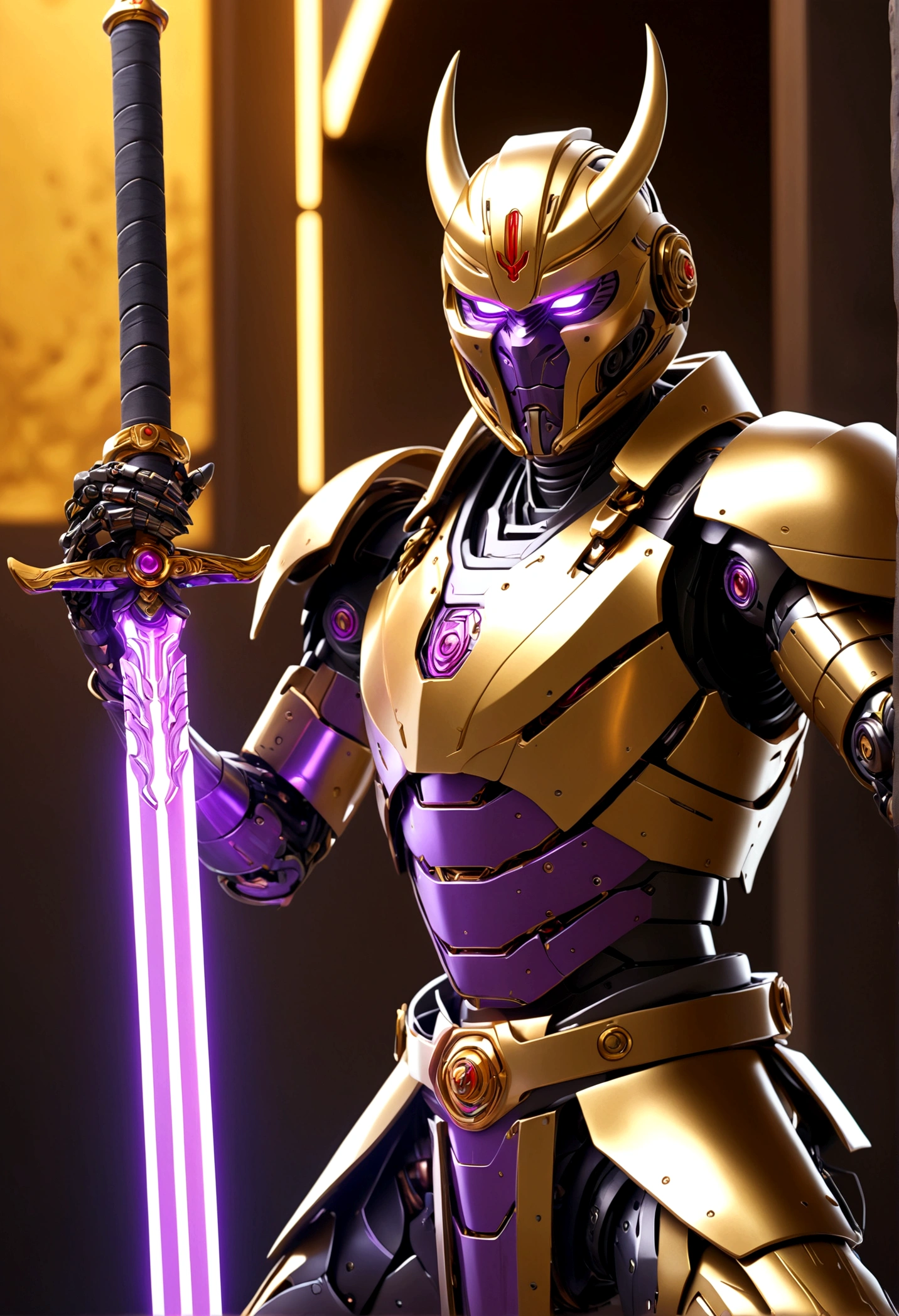 a robotic samurai, insectile body plates, demon mask, obvious robotic joints, neon highlights, gold and purple color scheme, Honda logo, striking a combat pose, wielding a laser sword, car trade show, best quality, 4k, 8k, highres, masterpiece:1.2, ultra-detailed, realistic, photorealistic, photo-realistic:1.37, HDR, UHD, studio lighting, ultra-fine painting, sharp focus, physically-based rendering, extreme detail description, professional, vivid colors, bokeh, science fiction, concept art (only one laser sword)
